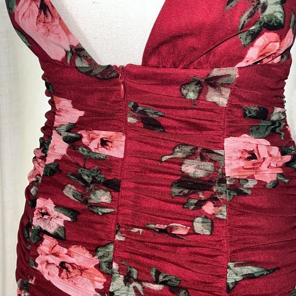 Lulu's Cherry Red Floral Sexy Shirred Dress, Size S - Picture 3 of 7